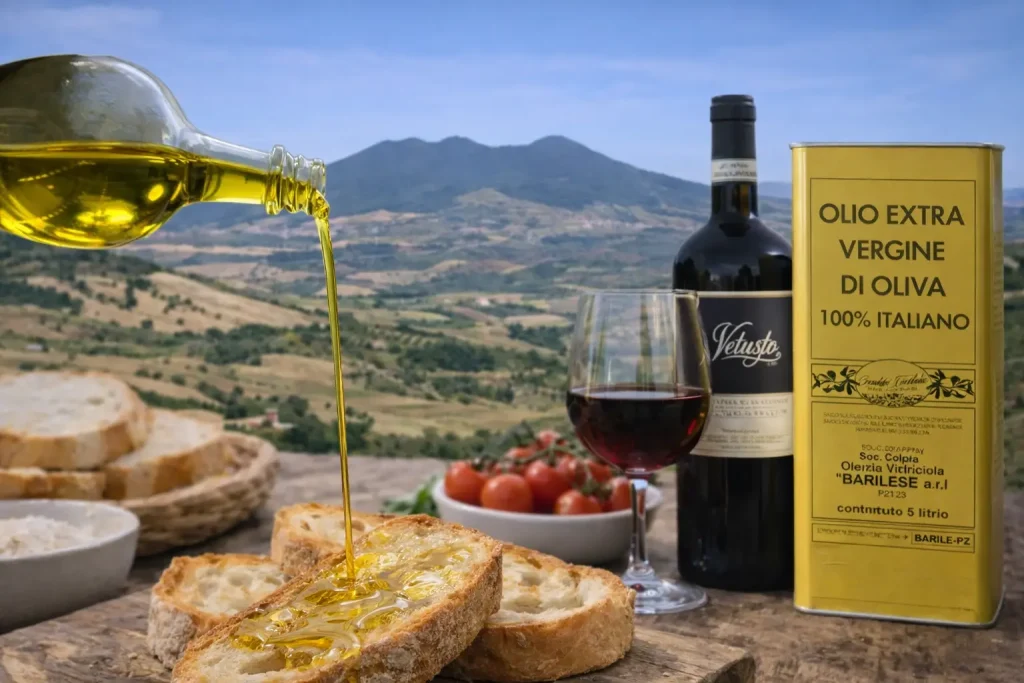 Guida olio extravergine con pane, lattina di olio EVO, Aglianico del Vulture e Monte Vulture sullo sfondo