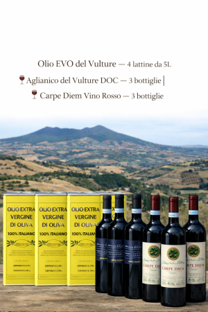 Regalo del Vulture — olio extravergine 5L Aglianico DOC e Carpe Diem di Barile