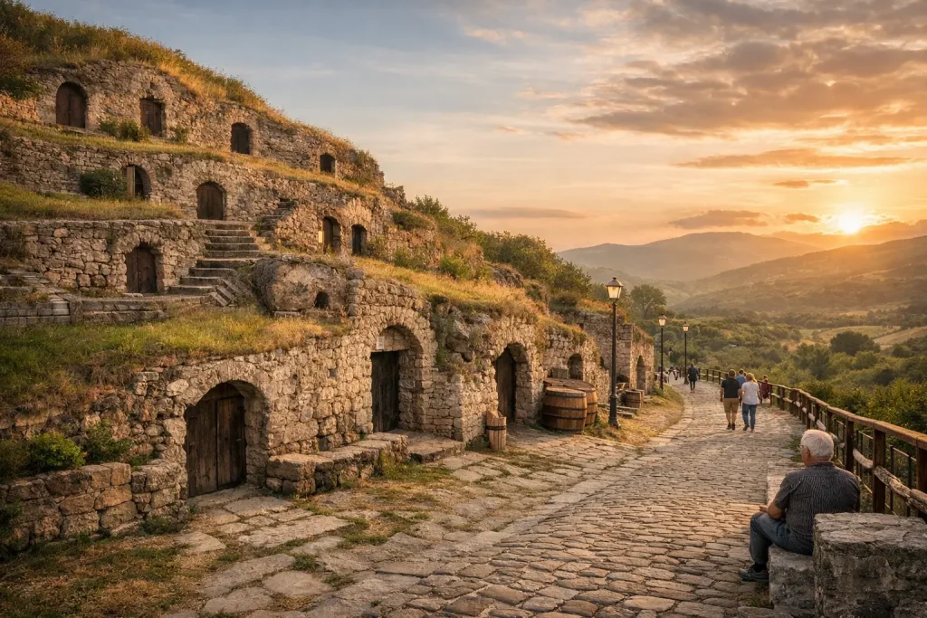 Le Sheshë di Barile, antiche cantine scavate nel tufo vulcanico del Vulture, con il percorso pedonale tra le grotte storiche