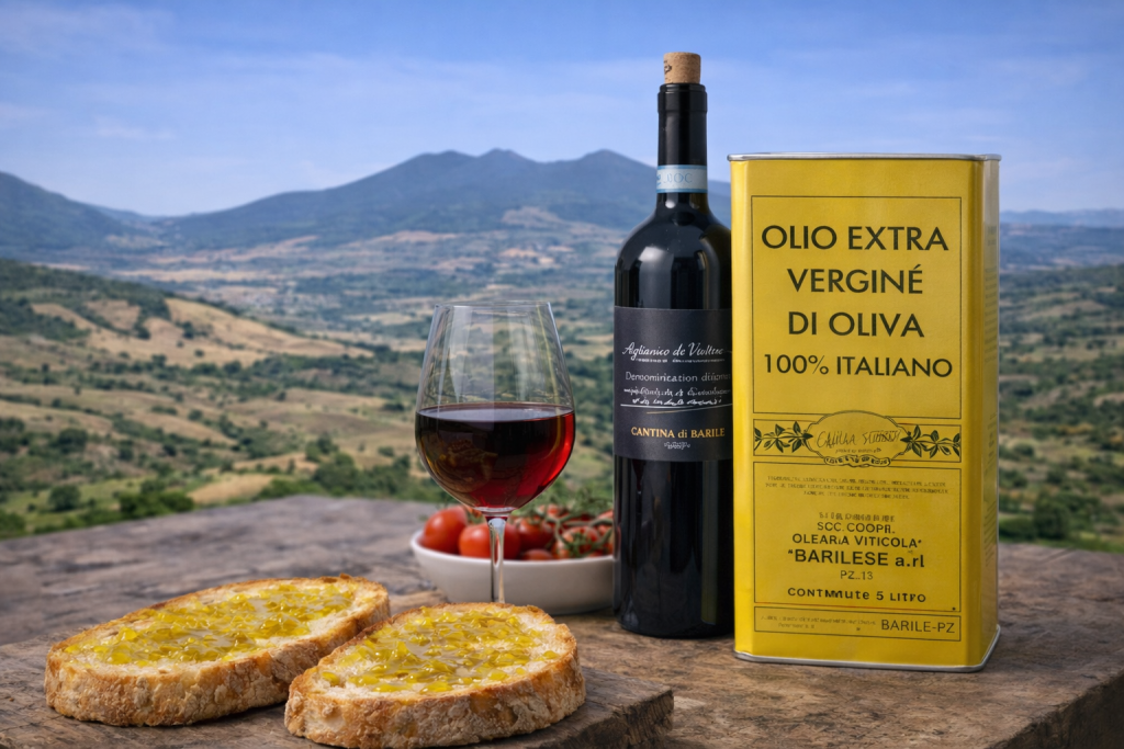 Vino rosso del Vulture Aglianico e olio extravergine Barile