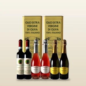 Pacco Brindisi del Vulture: 2 lattine di olio extravergine nuovo da 5 litri, 2 Carpe Diem, 2 Spumante Rosato e 2 Moscato