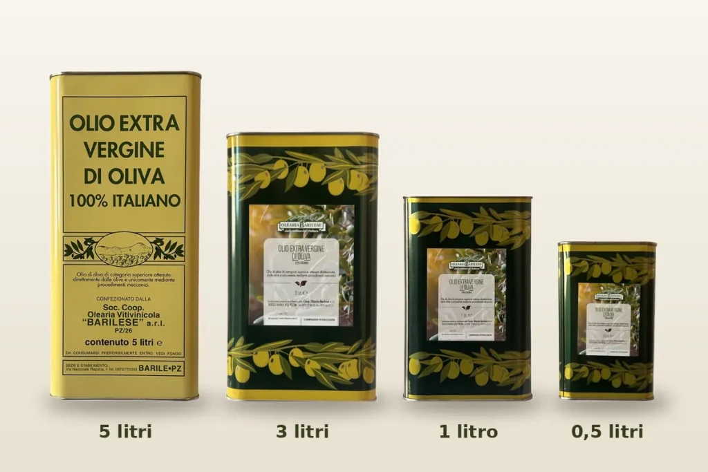 Lattine di olio extravergine Olio Barilese da 5, 3, 1 e 0,5 litri