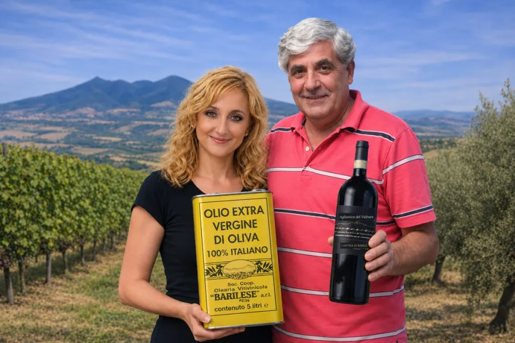 Michela Grimolizzi e Lucio Mazzeo con l’olio extravergine e l’Aglianico del Vulture