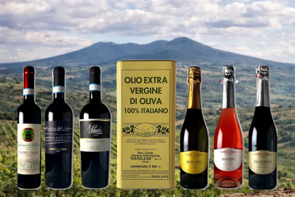 Olio extravergine in lattina da 5 litri e vini della Cantina di Barile: Aglianico del Vulture, Carpe Diem, Vetusto, Moscato, Rosato ed Ellenico