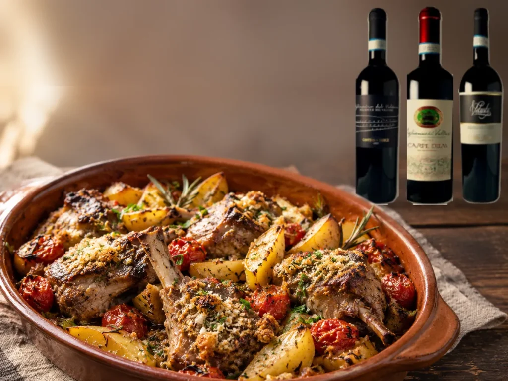 Brasato al vino rosso con polenta, con dietro Carpe Diem e Vetusto, Aglianico del Vulture di Barile